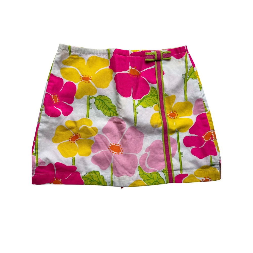 Vintage Y2K Lilly Pulitzer Retro Floral Mini Skort Wrap Bow Trim Pink Yellow